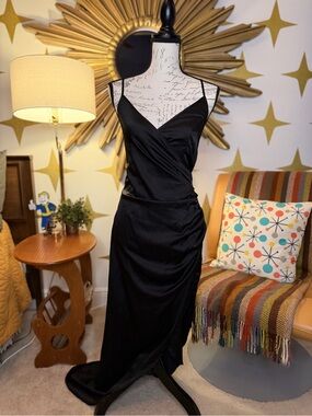 PrettyLittleThing Long Black Satin Asymmetrical Slip Dress
